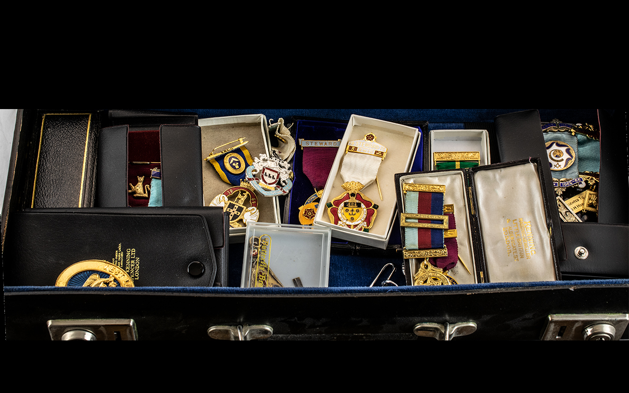 Masonic Interest: Small Case Containing a Selection of Miscellaneous Masonic Medals and Badges