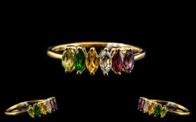 Marquise Cut Multi Gemstone Band Ring, an unusual ring with marquise cut amethyst, ruby, blue topaz,