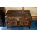 Carved Chinese Camphor Wood Chest of traditional form, with a brass lock plate. Circa 1930s.