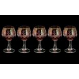 Cranberry Glass - Suite of Five Brandy Glasses, engraved, measure 5" tall, made in Czechoslovakia.