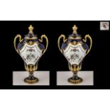 Royal Crown Derby Superb Pair of Hand Painted Twin Handled Lidded Vases decorated with painted