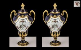 Royal Crown Derby Superb Pair of Hand Painted Twin Handled Lidded Vases decorated with painted