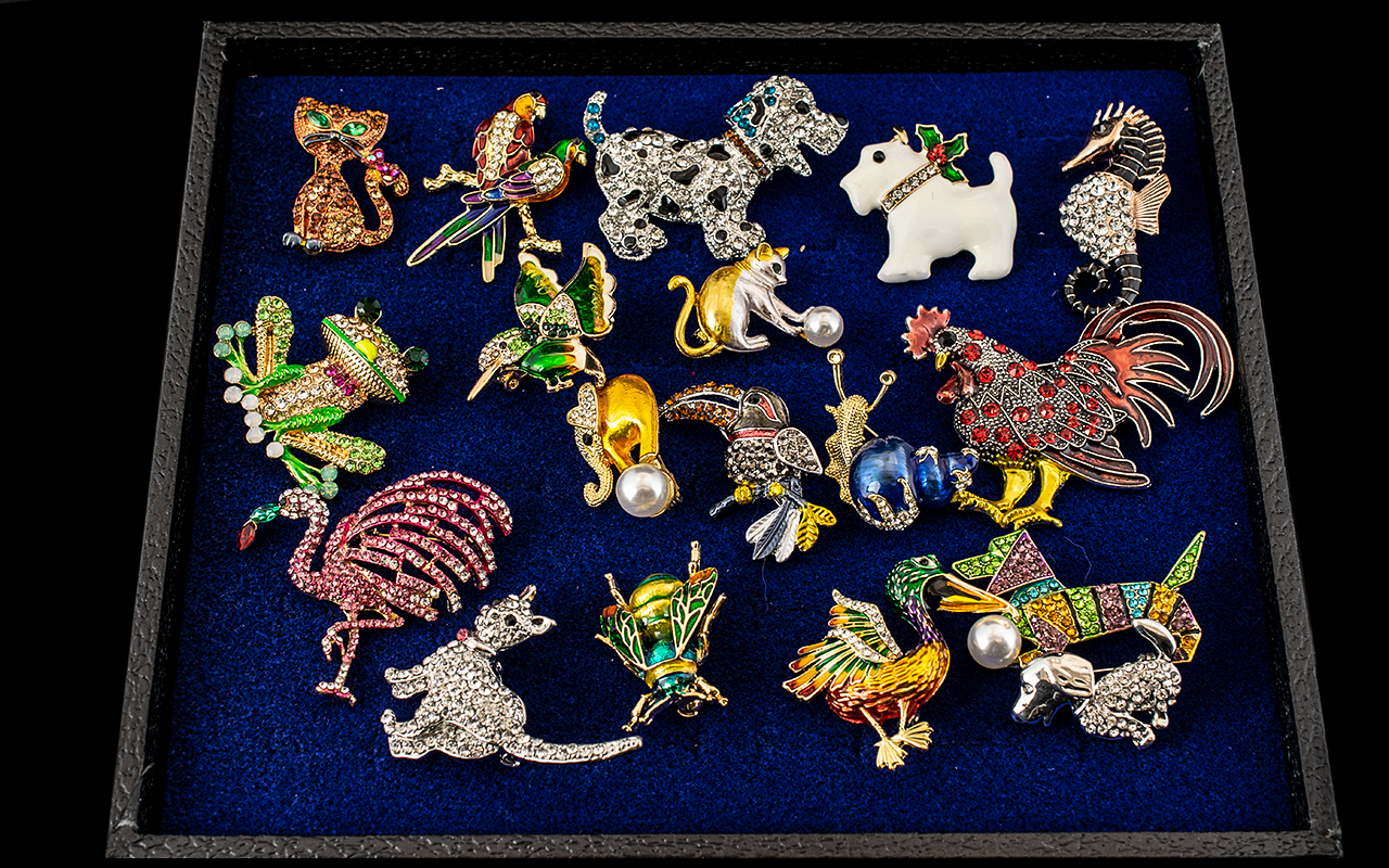 Wonderful Collection of Sparkling Brooches, Various Subjects and Sizes. Includes Various Birds,
