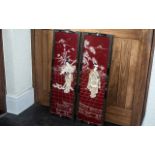 Pair of Chinese Red Lacquered Panels depicting ladies in a terraced pavilion, inlaid with mother-
