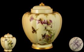 Royal Worcester Porcelain Co Hand Painted Blush Ivory Lidded Vase, Decorated with Painted Images