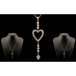 Antique Period 18ct White Gold - Exquisite Heart Shaped Diamond Set Pendant / Drop Necklace of