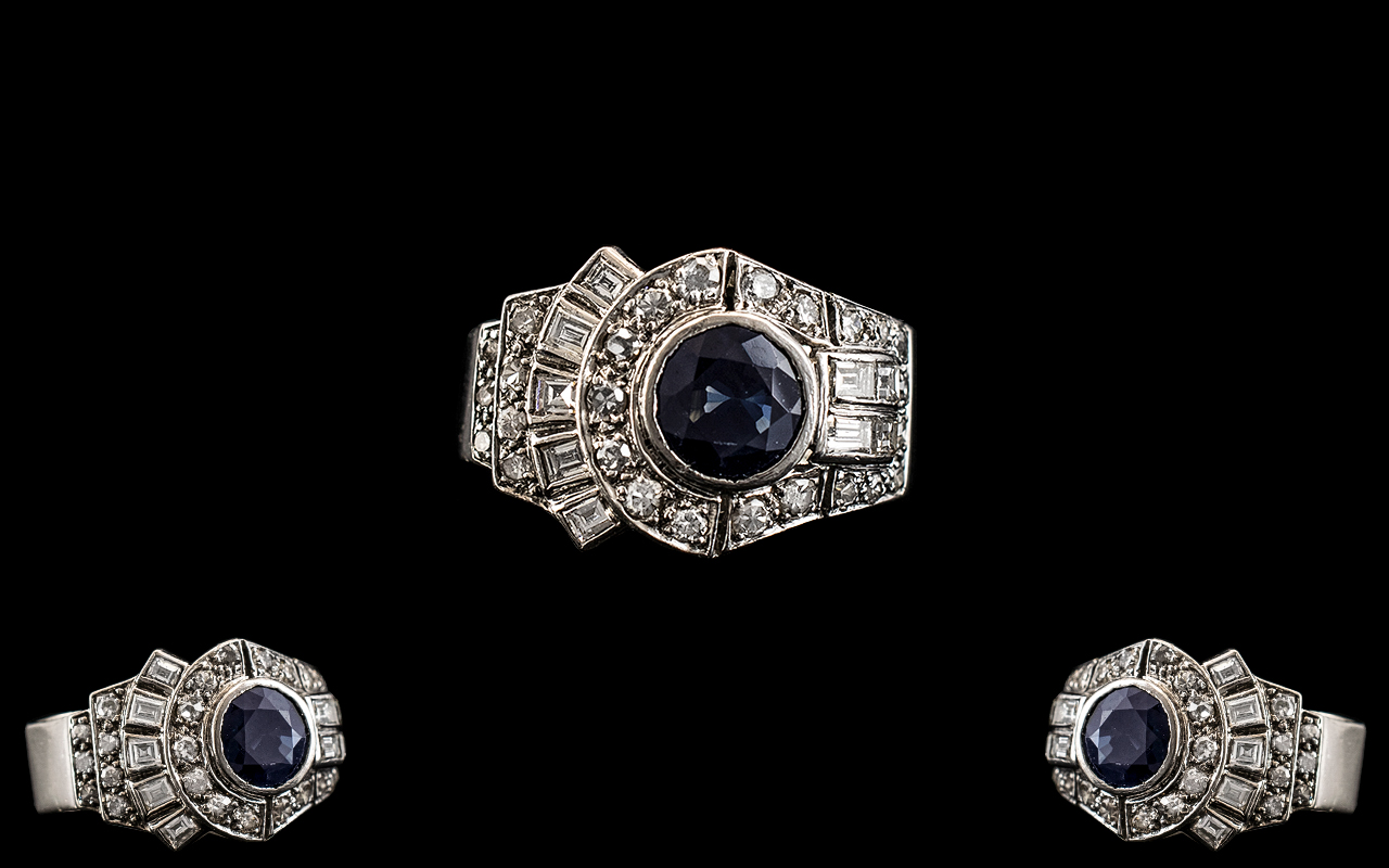 Art Deco Period Superb Platinum Diamond and Sapphire Set Cocktail Ring.