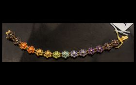 Multi Gemstone Floral Line Bracelet with Tanzanite, Amethyst, Fire Opal, Paraibe Apatite,