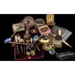 Tin Box Containing Misc Assortment of Collectable's, 2 Enamel Spoons, Costume Jewellery, Stamp Case,