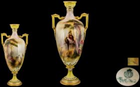 Royal Worcester Hadleys - Hand Painted and Signed Twin Handle Urn Shaped Vase of Pleasing
