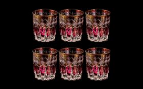 Cranberry Glass - Suite of Six Tumblers, beautifully engraved, made in Czechoslovakia, measure 3.