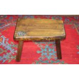 Stool of Shaped Rectangular Form on Splayed Square Legs, with plaque Harry Tonkin, Corran, Cornwall.