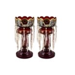 Victorian Superior Pair of Attractive Deep Ruby Red Lustres with scalloped bowls,