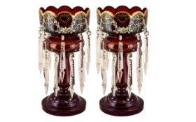 Victorian Superior Pair of Attractive Deep Ruby Red Lustres with scalloped bowls,