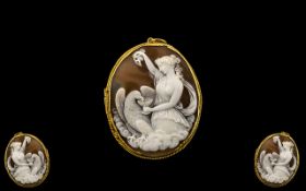 A Victorian Carved Shell Cameo depicting Goddess Hebe feeding Zeus (in the form of eagle).