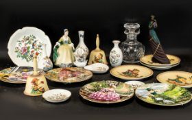 A Good Collection of Assorted Pottery to include a glass decanter, assorted cabinet plates,
