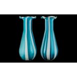 Large and Impressive 1950s Italian Hand Blown Pair of Glass Vases, with powder blue stripes,