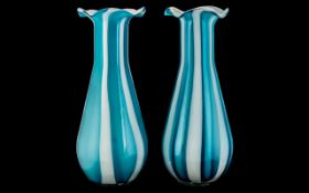 Large and Impressive 1950s Italian Hand Blown Pair of Glass Vases, with powder blue stripes,