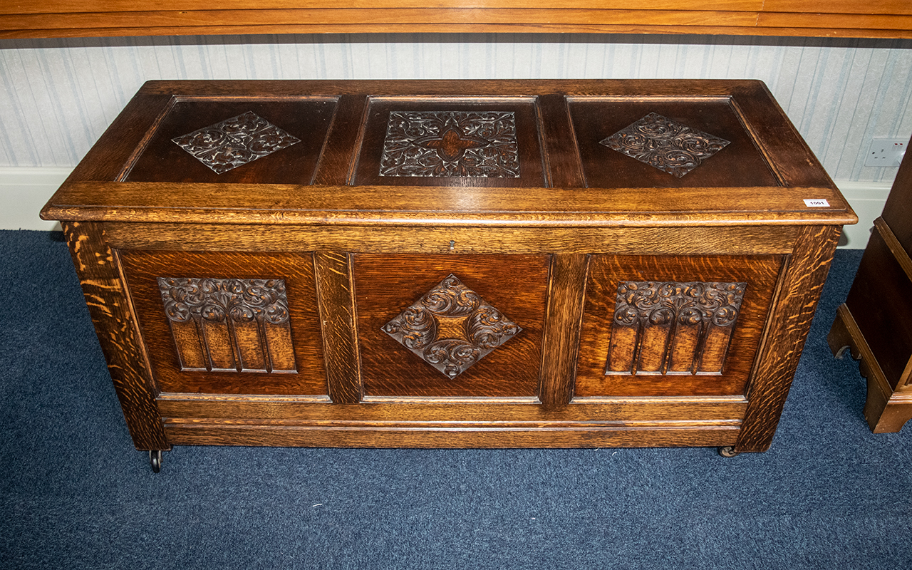 Reproduction Carved Oak Mule Chest with