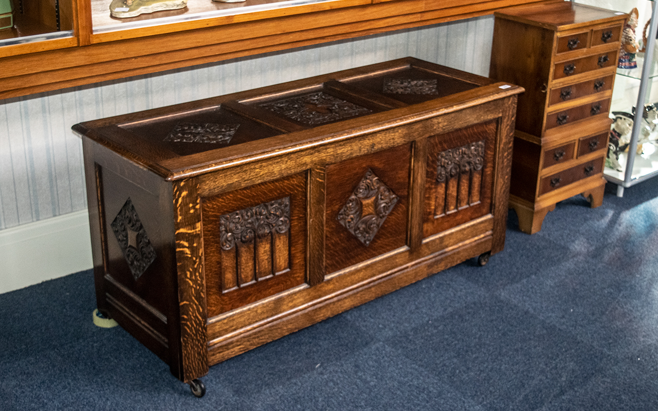 Reproduction Carved Oak Mule Chest with - Image 2 of 2