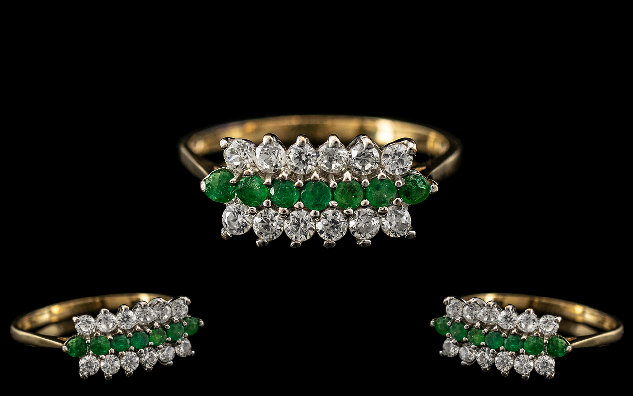 Ladies - Attractive 9ct Gold Diamond and Emerald Set Dress Ring with Full Hallmark to Interior of