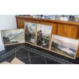 Collection of Four Paintings. all framed, depicting lakes, hills, waterfalls and fishermen.