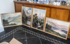 Collection of Four Paintings. all framed, depicting lakes, hills, waterfalls and fishermen.