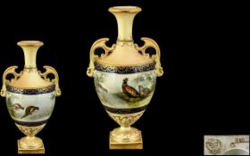 Royal China Works Worcester Hand Painted Twin Handle Classical Shaped Vase.