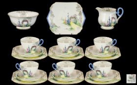 Shelley 'Archway of Roses' Tea Set, 1940-1959 Cambridge style, 21 pieces, comprising: six cups,