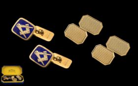 Gents 9ct Gold Pair of Boxed Masonic Cufflinks with Enamel and Gold Tops,