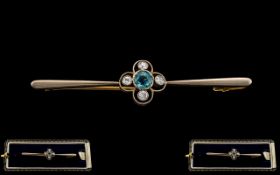 Edwardian Period - Nice Quality 15ct Gold and Platinum Diamond and Aquamarine Set Brooch. The