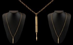 9ct Gold Long Belcher Chain with Attached 9ct Gold Telescopic Cased Toothpick.
