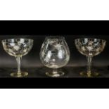Set of Three Over Large Glasses, with engraved pattern,