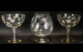 Set of Three Over Large Glasses, with engraved pattern,