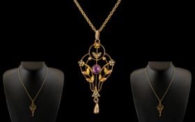 Victorian 9ct Gold Amethyst and Pearl Pendant of delicate form,