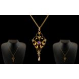 Victorian 9ct Gold Amethyst and Pearl Pendant of delicate form,