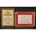Two Small Framed Samplers one alphabet dated 1890 measuring 8" x 12", plus one other.