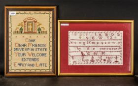 Two Small Framed Samplers one alphabet dated 1890 measuring 8" x 12", plus one other.