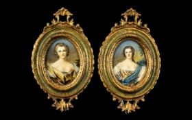 Pair of Miniatures Painted on Ivory of Elegant Ladies, finely dressed in silks,