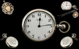 Edwardian Period Waltham USA Sterling Silver Open Faced Key-less Pocket Watch with Attached Leather