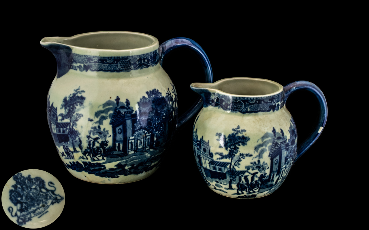 Two Reproduction Ironstone Jugs, 19th century style blue transfer decoration showing a village scene