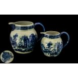 Two Reproduction Ironstone Jugs, 19th century style blue transfer decoration showing a village scene