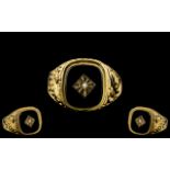 Gents 9ct Gold Diamond Set Ring, With Ornate Embossed Decoration Which Extends to Shoulders.