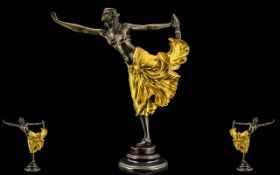 Art Nouveau Style Cold Painted Reproduction Bronze of a sensual dancing girl, on a marble base,