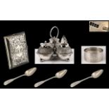 Small Silver Three Piece Cruet Set with cut glass bottles, dated London 1894, maker LAW,