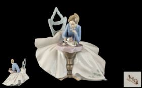 Nao by Lladro Large and Impressive Hand Painted Figurine ' Girl Playing with Kitty ' Model No 1355.