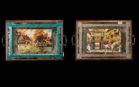 Pair of Walnut Veneer Mirrored Tea Trays, c1930s, with hunting prints to the centres, and bordered