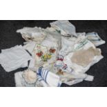 Large Bag of Vintage Linens including embroidery, lace, cottons, crochet, comprising table cloths,