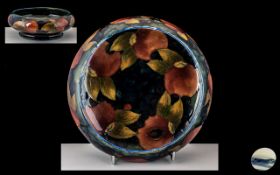 William Moorcroft Signed Footed Bowl ( Inverted ) Rim ' Pomegranates ' Design on Blue Ground. c.