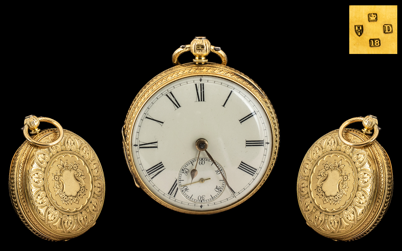 Victorian Period Superb 18ct Ornate Gold - Open Faced Pocket Watch with Ornate Chased Decoration